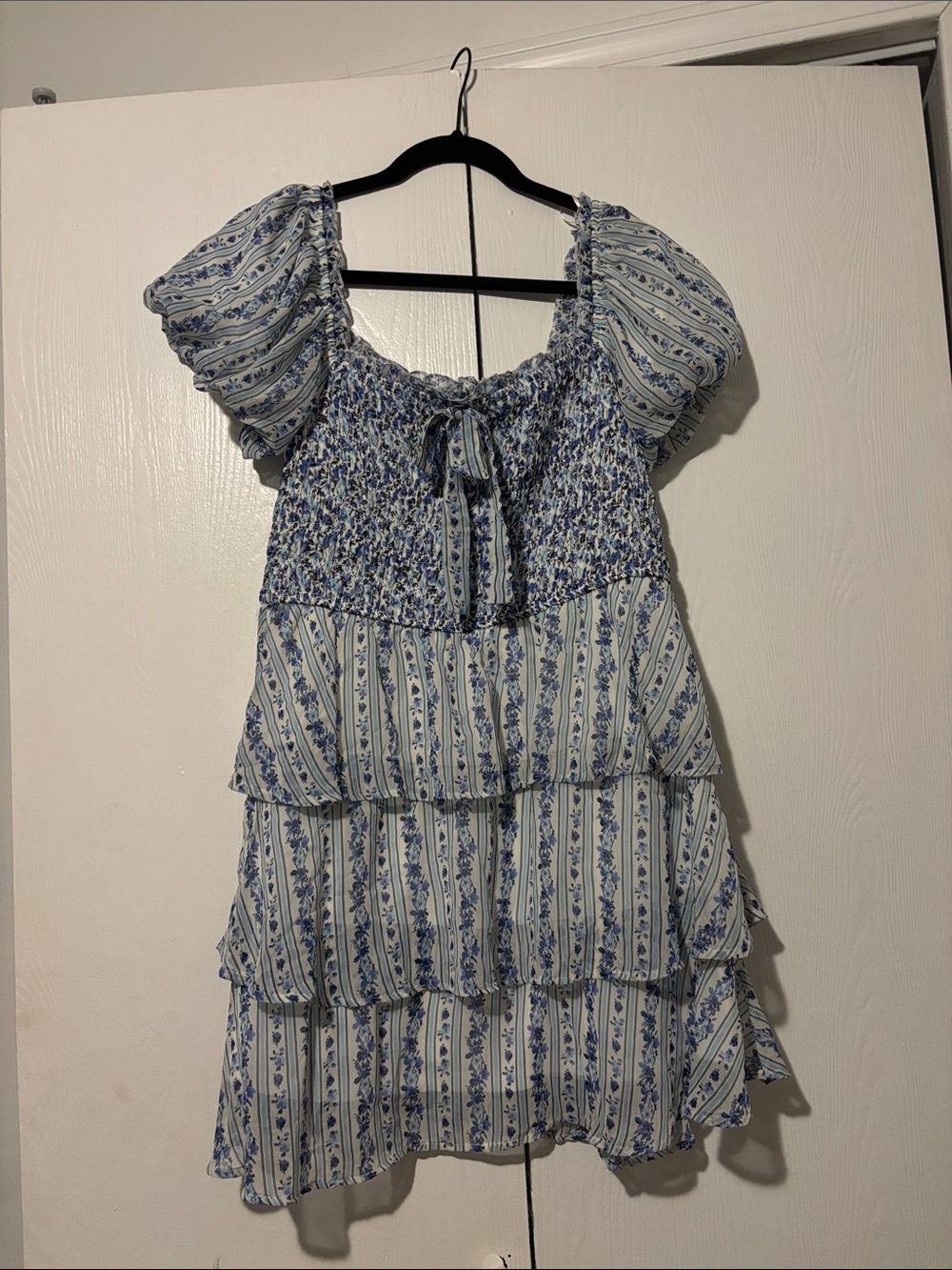 NWT Francesca's Collections Blue & White Floral Smocked Tiered Mini Dress